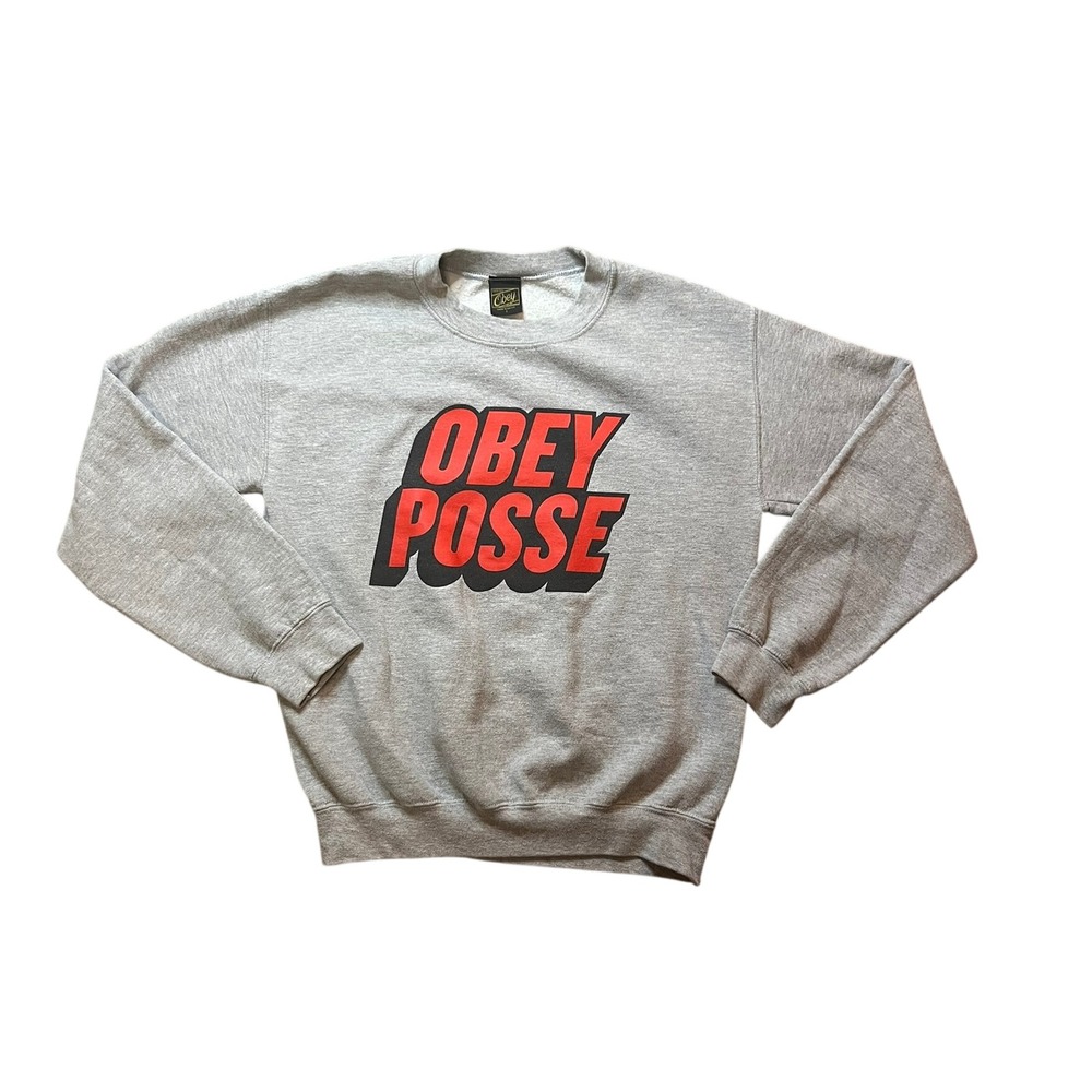 Obey Posse Graphic Sweatshirt Heather Gray Red Logo Crew Neck Mens Small